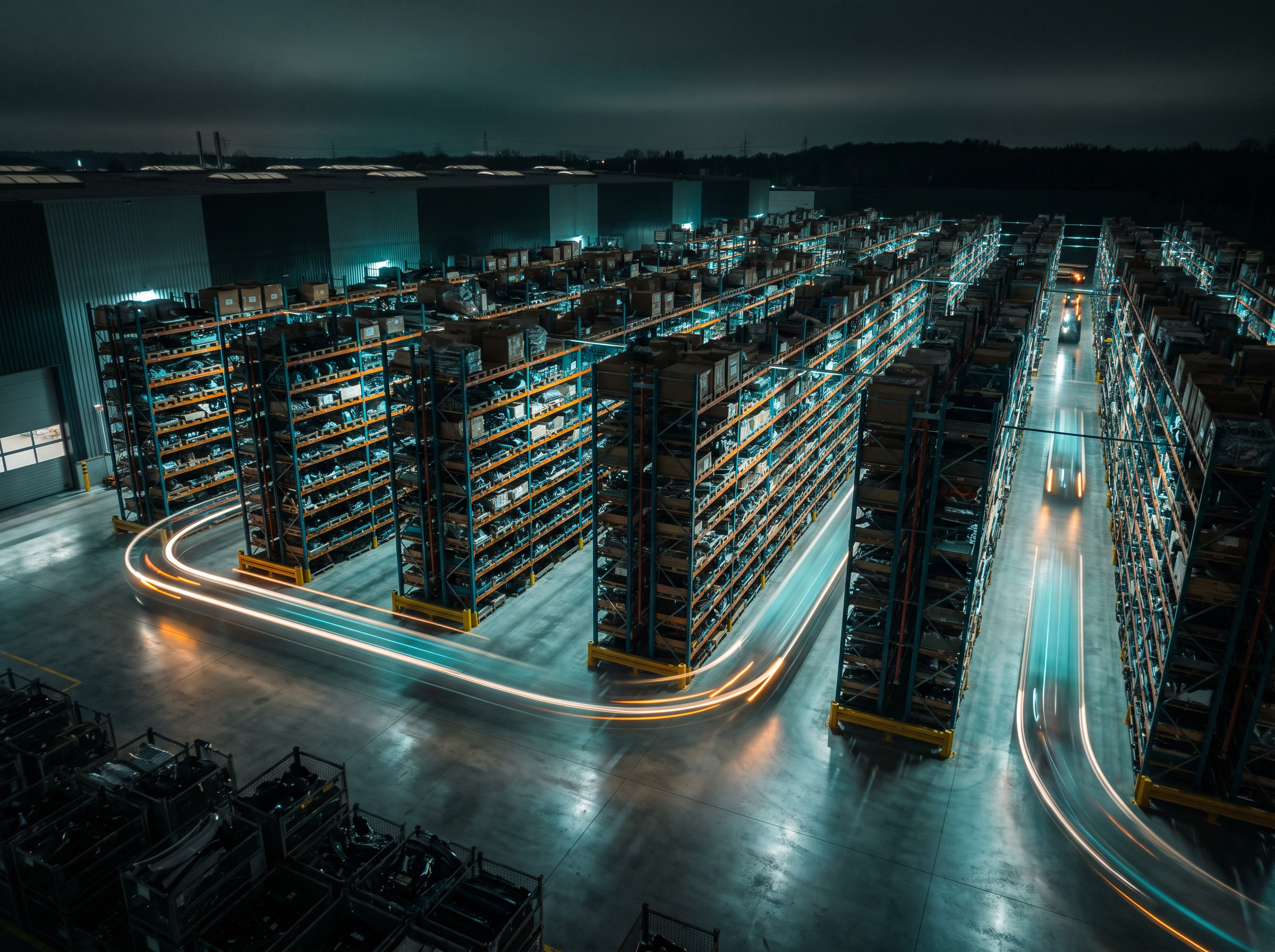 Long-exposure aerial view of a brightly-lit logistics warehouse — HK FENTRIX supply-chain operations.